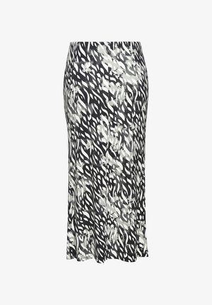 Zwart-wit gestreepte rok met golvend abstract ontwerp, gemaakt van rekbare stof, met een middelange lengte en elastische tailleband.