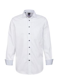 Camicia bianca a maniche lunghe con corpo testurizzato, bottoni blu e accenti blu a fantasia su polsini e colletto. Inclusa tasca sul petto.
