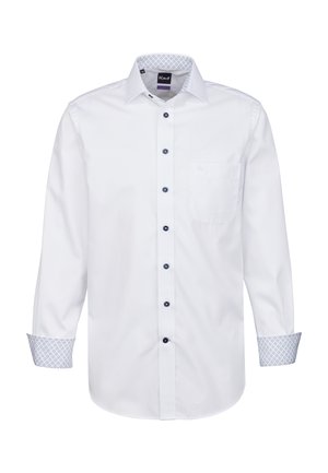 Camicia bianca a maniche lunghe con corpo testurizzato, bottoni blu e accenti blu a fantasia su polsini e colletto. Inclusa tasca sul petto.