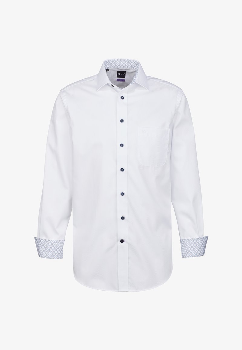 Camicia bianca a maniche lunghe con corpo testurizzato, bottoni blu e accenti blu a fantasia su polsini e colletto. Inclusa tasca sul petto.