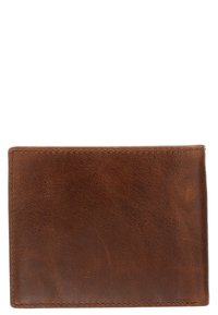 Braune Lederbörse mit strukturiertem Finish, rechteckiger Form und abgerundeten Ecken. Mit Nahtdetails entlang der Kanten.