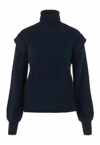 Navy turtleneck sweater with long, puffed sleeves; soft knit texture; ribbed cuffs; flared shoulder detailing; fitted design.