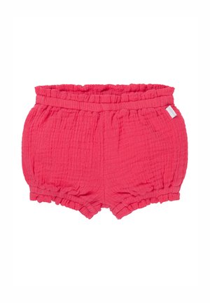 Shorts en coton rose avec une texture froissée, dotés d'une taille froncée et de bords inférieurs rassemblés. Design simple, sans motifs ni quincaillerie.