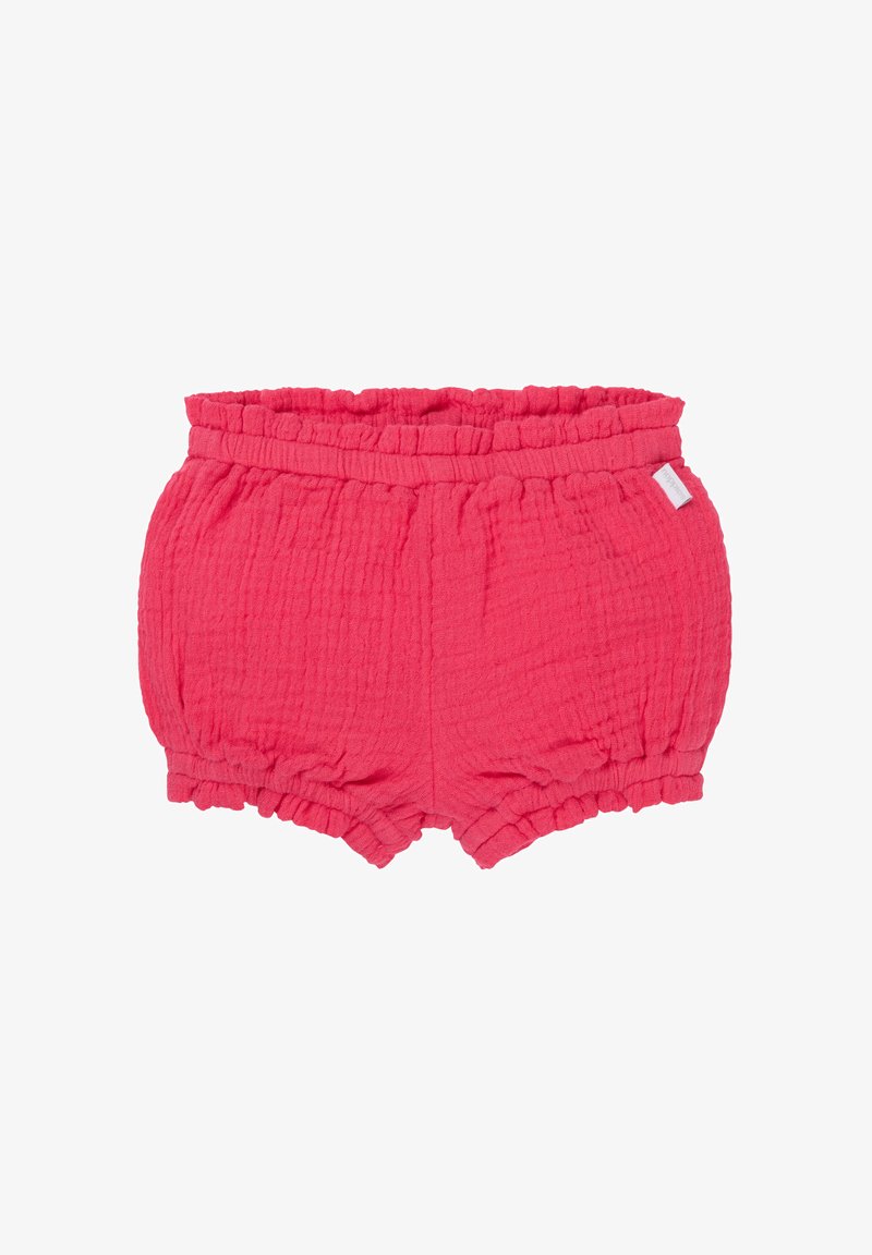 Pink cotton shorts with a crinkled texture, featuring a ruffled waistband and gathered bottom edges. Simple design, no patterns or hardware.