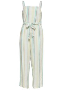 Combinaison rayée aux couleurs claires, avec un décolleté carré, des bretelles spaghetti, une ceinture ajustable à la taille et un design à jambes larges.