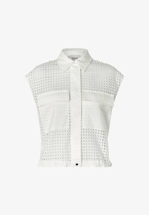 Balta trumpų rankovių marškiniai su tekstūruotu tinklelio raštu, užsegamas priekyje ir turintys dvi krūtinės kišenes. Apykaklės dizainas su laisvu siluetu.