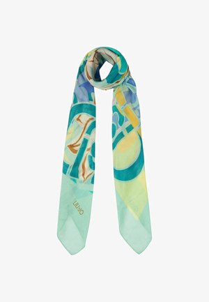 Foulard in seta con motivi astratti nei colori teal, blu e giallo, con una texture luminosa e punte appuntite, contrassegnato dal marchio "LIU JO".