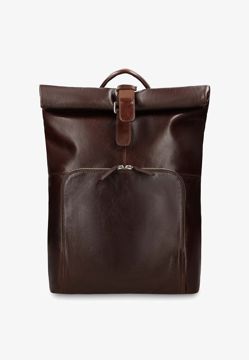 Dark brown leather backpack with a roll-top secured by a strap and buckle, and a front zippered pocket.