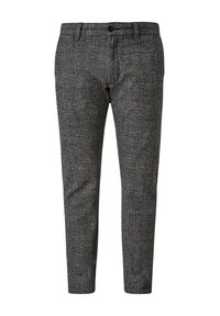 Szare spodnie w teksturowanej tkaninie z delikatnym wzorem, z klasycznym pasem, szlufkami na pasek i dopasowanym krojem.