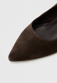 Chaussure plate en daim marron à bout pointu, avec une doublure intérieure lisse et un design élégant avec des accents minimaux.