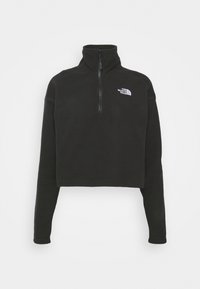 Sudadera de forro polar corta negra con cuello alto y media cremallera. Presenta un logo blanco en el lado izquierdo del pecho y mangas largas. Textura suave.