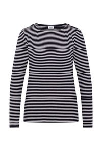 Czarna i biała poziomo prążkowana koszula z długim rękawem, okrągłym dekoltem, strukturalnym materiałem i metką "CECIL" przy kołnierzyku.