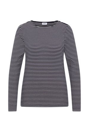 Maglietta a maniche lunghe a righe orizzontali bianco e nero con scollatura rotonda, texture a coste e etichetta "CECIL" sul colletto.