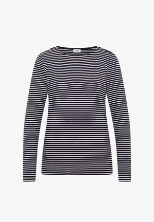 Černobílá vodorovně pruhovaná halenka s dlouhým rukávem, kulatým výstřihem, žebrovanou strukturou a etiketou "CECIL" na límci.