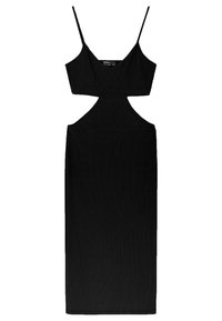 Svart ribbad klänning med en figurnära design, utskärning i midjan och tunna spaghetti-band. Golvlång med en slät textur.