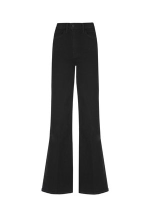 Jeans neri a campana realizzati in un robusto tessuto denim. Design a vita alta con chiusura a bottone. Texture liscia, gambaletti ampi sul fondo.