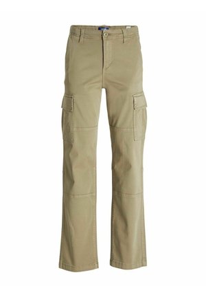 Pantalons cargo kaki en tissu mélangé de coton. Comprend deux poches latérales, une fermeture éclair et une coupe droite avec des détails cousus.