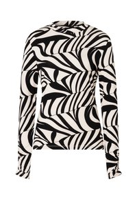 Long-sleeve, fitted top with black and white abstract zebra-like stripes and a round neckline.