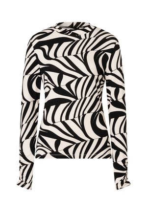 Langärmeliges, figurbetontes Oberteil mit abstrakten schwarz-weißen zebramusterähnlichen Streifen und rundem Ausschnitt.