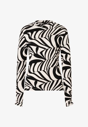 Long-sleeve, fitted top with black and white abstract zebra-like stripes and a round neckline.