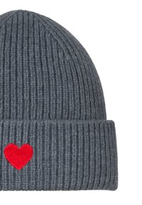 Gray ribbed knit beanie with a folded brim, featuring a prominent red heart embroidery on the front.
