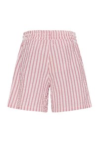 Shorts amples à rayures verticales rouges et blanches, avec ceinture élastique et poches latérales, adaptés pour une tenue décontractée.