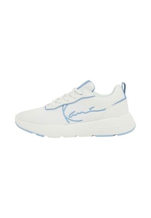 White mesh sneaker featuring light blue accents, round toe, lace-up front, padded collar, and textured sole with a bold signature design.