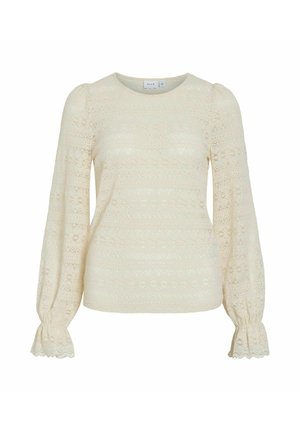 Cream long-sleeve lace blouse with puffed sleeves and scalloped elastic cuffs, featuring floral and geometric patterns throughout.