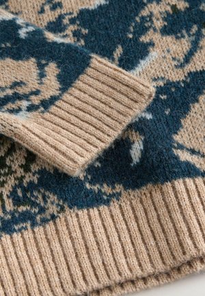 Gebreide trui met een blauw-beige patroon. Heeft zacht, gestructureerd materiaal met geribbelde manchetten en een gedetailleerd ontwerp.