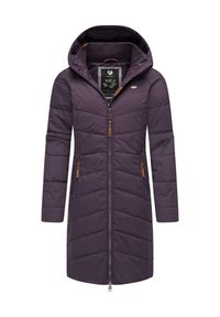 Donkerpaarse pufferjas met ritssluiting, kap en ruitpatroon. Voorzien van bruine accenten en twee voorke pockets.