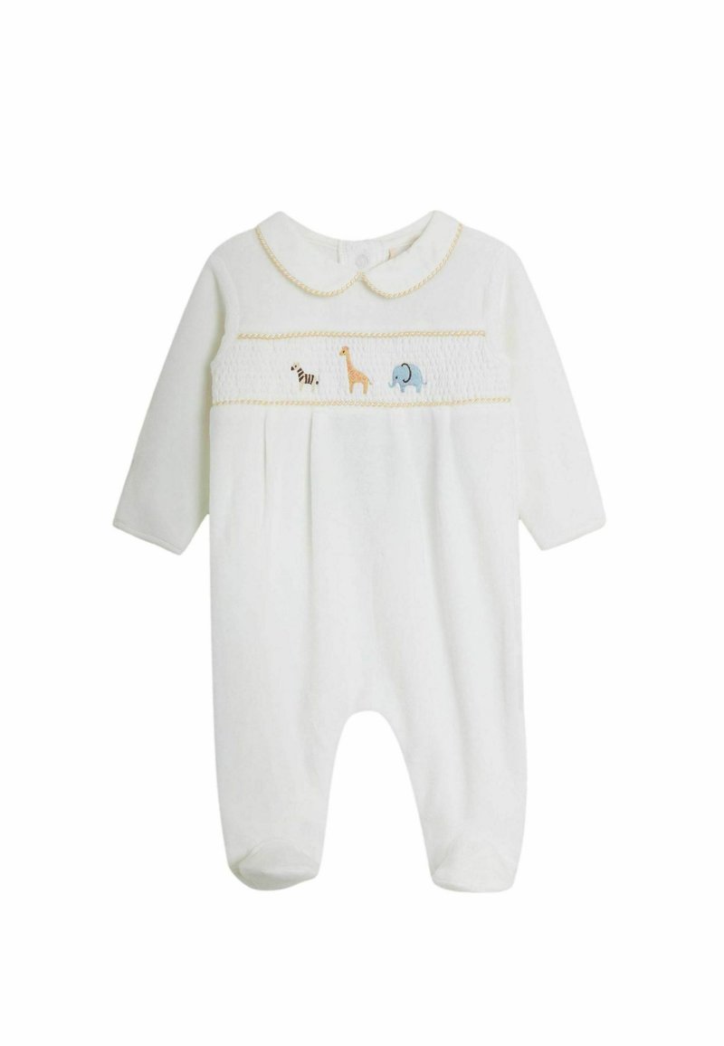 Fehér kisbaba rugdalózó, gallérral, hímzett állatokkal (zebra, zsiráf, elefánt) a ráncolt mellrészen és gyűrt lábakkal.