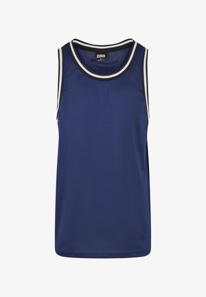 Marineblauwe sporttanktop van mesh stof, met een ronde halslijn en zwarte en witte accenten, en een losse pasvorm.