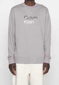 Felpa grigia in misto cotone, con scollo tondo, polsini a costine e un grande logo stampato "Calvin Klein" sul davanti.