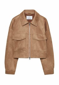 Veste courte en suède marron clair avec fermeture éclair à l'avant, deux poches poitrine à rabat et col pointu.