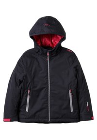 Czarna wodoodporna kurtka z kapturem, czerwoną podszewką, z przodu na zamek błyskawiczny i dwoma bocznymi kieszeniami. Zawiera czerwone akcenty i szare detale zamka.