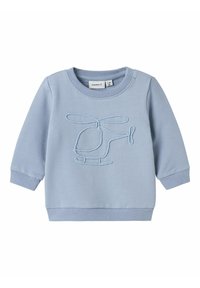 Felpa azzurro chiaro con un design di elicottero ricamato e testurizzato in una tonalità a contrasto. Collo e polsini a coste. Tessuto morbido.