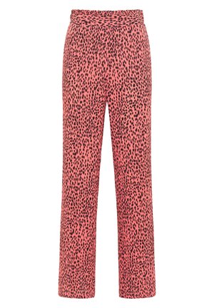 Ružové nohavice s čiernymi bodkami, vyrobené z jemnej látky, s rovnými nohavicami a elastickým pásom.