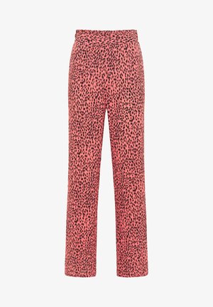 Roze broek met een zwart gespikkeld patroon, gemaakt van zachte stof, met een rechte pijp en een elastische tailleband.