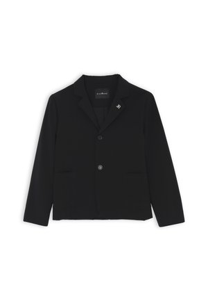 Blazer nero realizzato in tessuto morbido, dotato di chiusura a un solo bottone, due tasche frontali e un piccolo logo argentato sul risvolto sinistro.