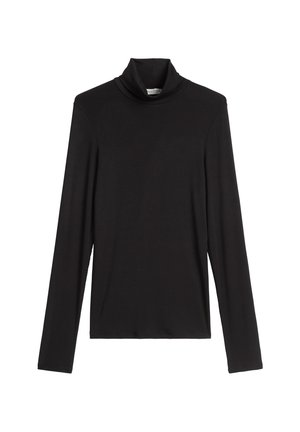 Chandail noir à manches longues avec col roulé, coupe ajustée et tissu doux, anti-rides, présenté sur un fond blanc.