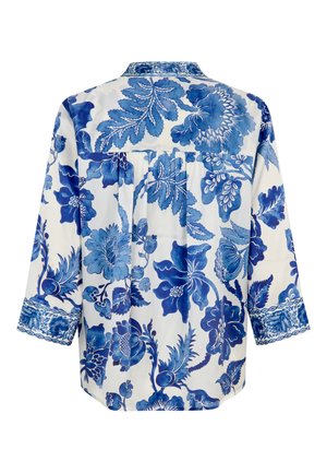 Witte blouse met lange mouwen, versierd met blauwe bloemen- en bladmotieven, met gedetailleerde manchetten en een geplooide rugpanden ontwerp.