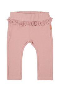 Roze katoenen leggings met een gekreukt kantdetail bij de taille, voorzien van een elastische tailleband en een slank figuurdesign.