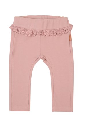 Pink cotton leggings with a ruffled lace trim at the waist, featuring an elastic waistband and a slim fit design.