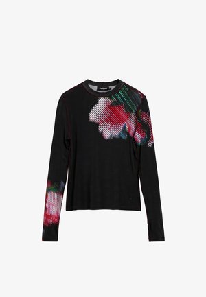 Czarna bluzka z długim rękawem w wielokolorowy kwiatowy wzór, z okrągłym dekoltem, kontrastującymi czerwonymi przeszyciami i luźnym krojem.