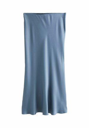 Blauer Satin-Midirock mit geradem Schnitt und leicht ausgestelltem Saum vor weißem Hintergrund.