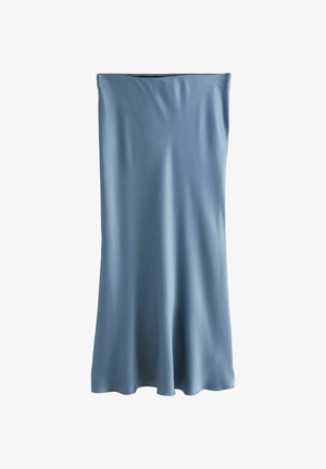 Blue satin midi skirt with a straight cut and slight flare at the hem against a white background.