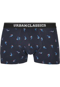 Marinefarbene Boxershorts aus Baumwolle mit einem schwarzen Logo-Bund. Sie zeichnen sich durch ein wiederholtes Muster von bunten Tukanvögeln aus.