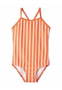 Traje de baño de una pieza de rayas naranjas con estrechas rayas verticales blancas, tirantes ajustables y una tela suave y elástica.