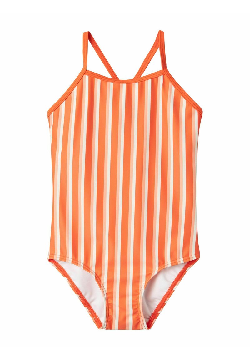 Traje de baño de una pieza de rayas naranjas con estrechas rayas verticales blancas, tirantes ajustables y una tela suave y elástica.