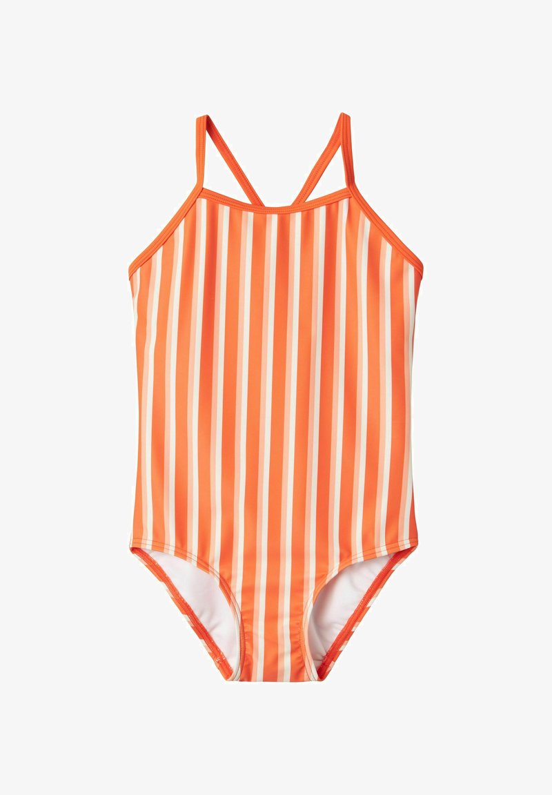Traje de baño de una pieza de rayas naranjas con estrechas rayas verticales blancas, tirantes ajustables y una tela suave y elástica.